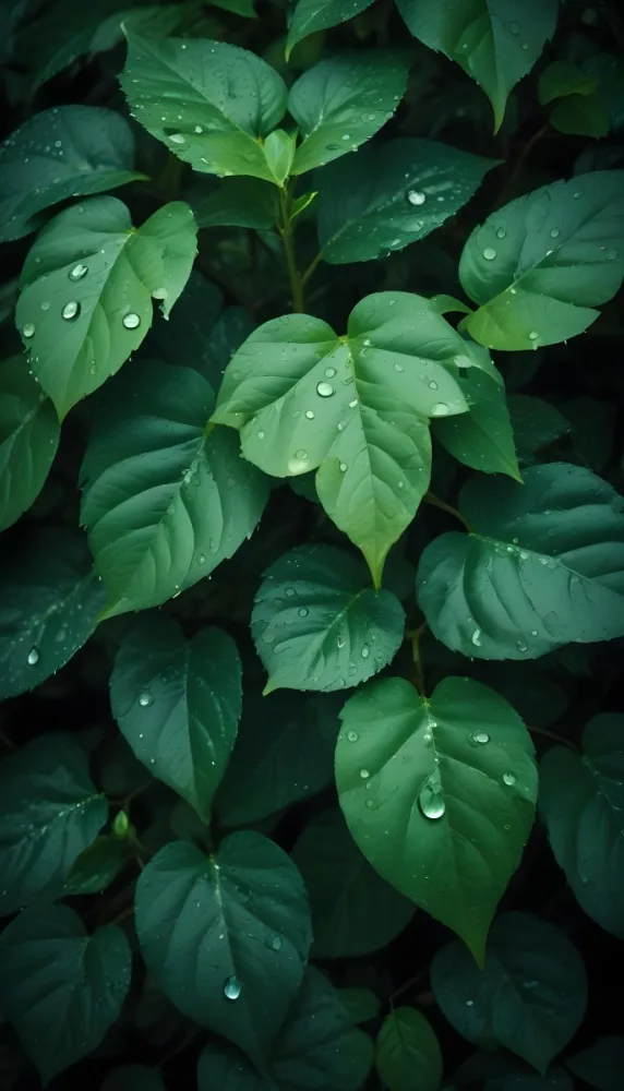 Green Leaves With Water Droplets Lush Foliage In A Dark Natural Environment 5 45b6