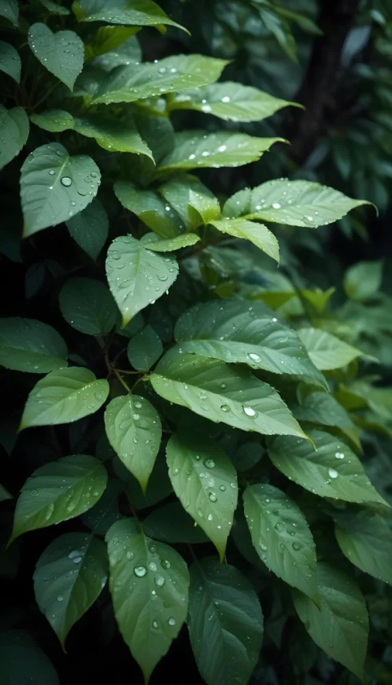 Green Leaves With Water Droplets Lush Foliage In A Dark Natural Environment 8 A3a1