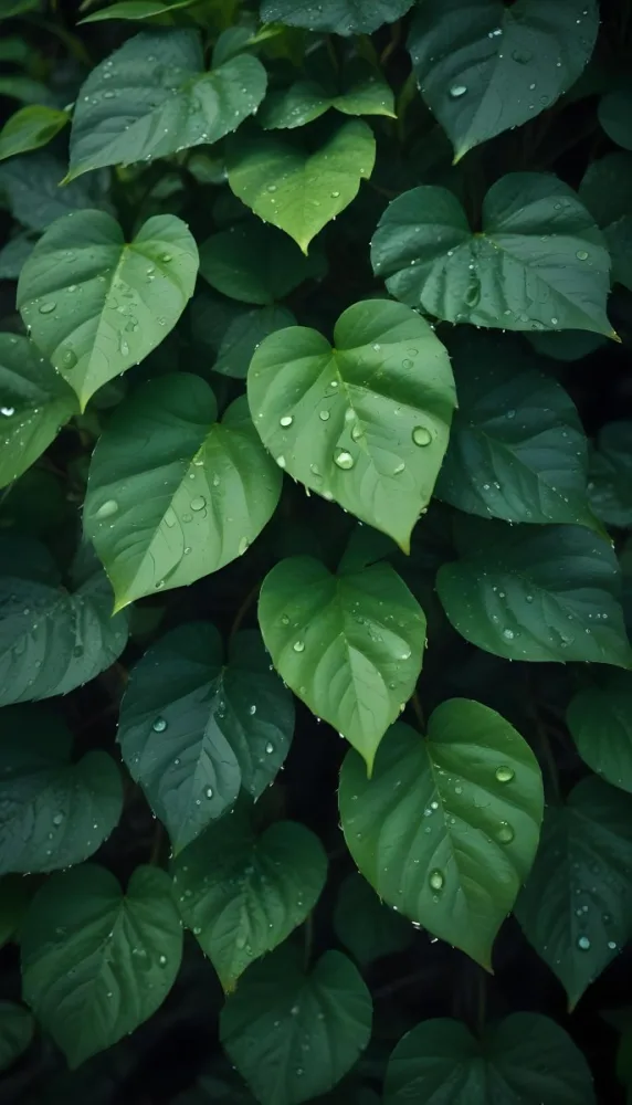 Green Leaves With Water Droplets Lush Foliage In A Dark Natural Environment 9 Af9a