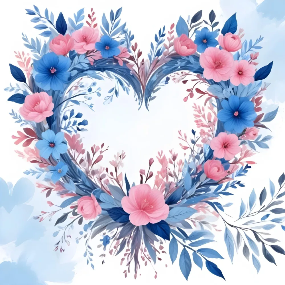 Heart Made Of Blue And Pink Flowers With Blue Leaves Floral Arrangement Heart Shaped Frame White Background Romantic Decorative Vibrant Colors Botanical Illustration Floral Design Elegant Cheerful Sprin 11 Eb80