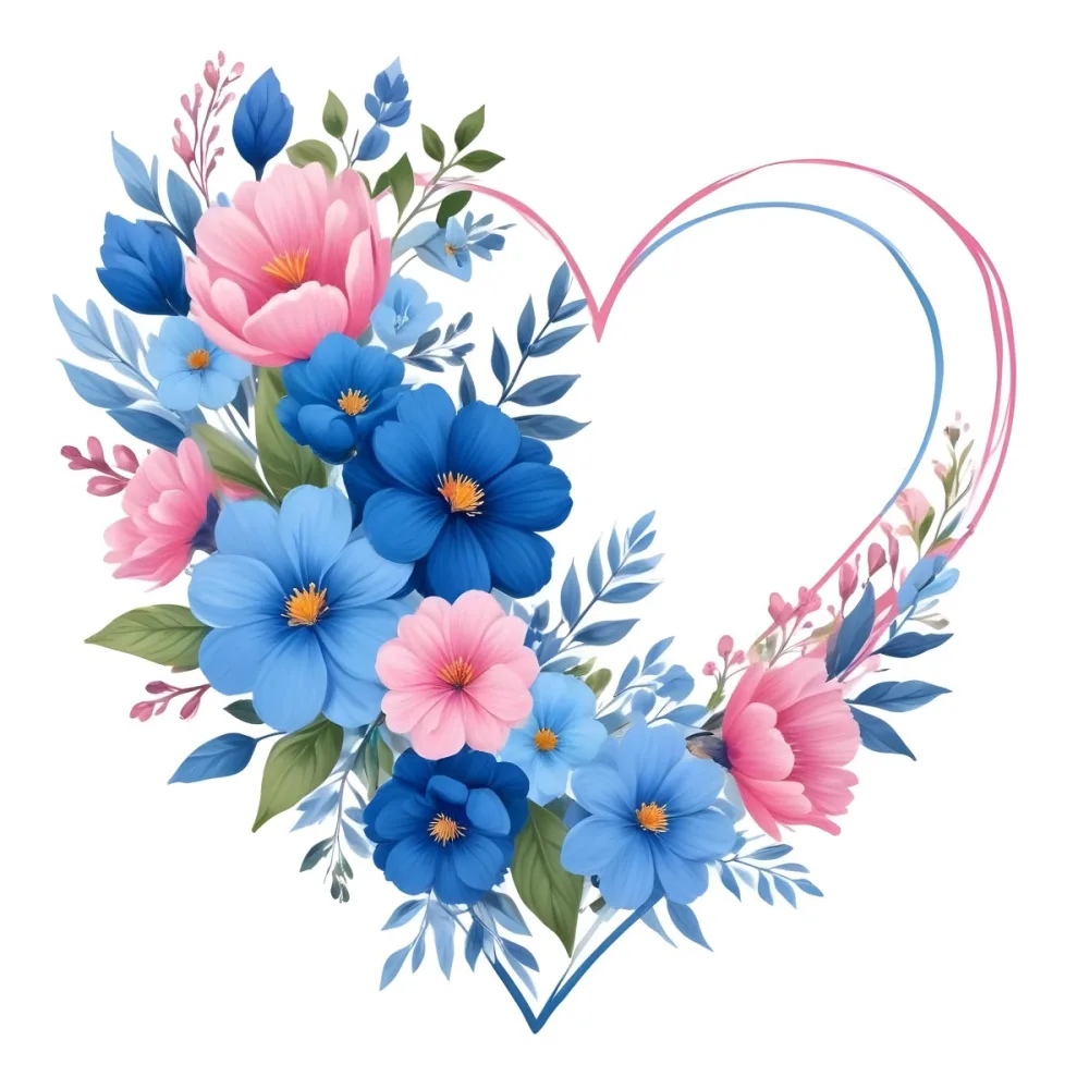Heart Made Of Blue And Pink Flowers With Blue Leaves Floral Arrangement Heart Shaped Frame White Background Romantic Decorative Vibrant Colors Botanical Illustration Floral Design Elegant Cheerful Sprin 17 087a