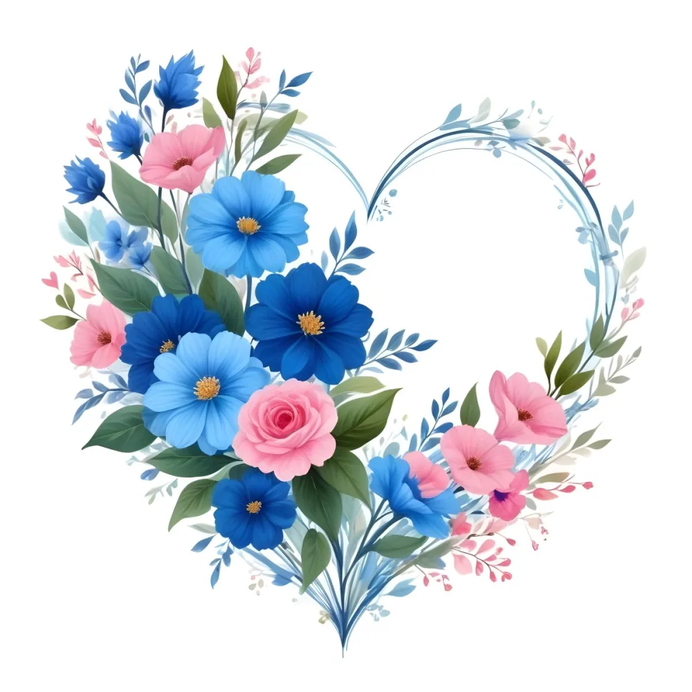 Heart Made Of Blue And Pink Flowers With Blue Leaves Floral Arrangement Heart Shaped Frame White Background Romantic Decorative Vibrant Colors Botanical Illustration Floral Design Elegant Cheerful Sprin 18 F63b