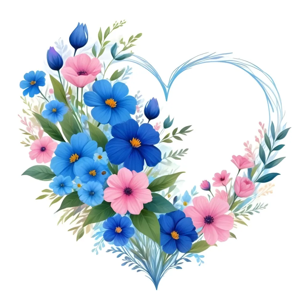 Heart Made Of Blue And Pink Flowers With Blue Leaves Floral Arrangement Heart Shaped Frame White Background Romantic Decorative Vibrant Colors Botanical Illustration Floral Design Elegant Cheerful Sprin 19 1bfc