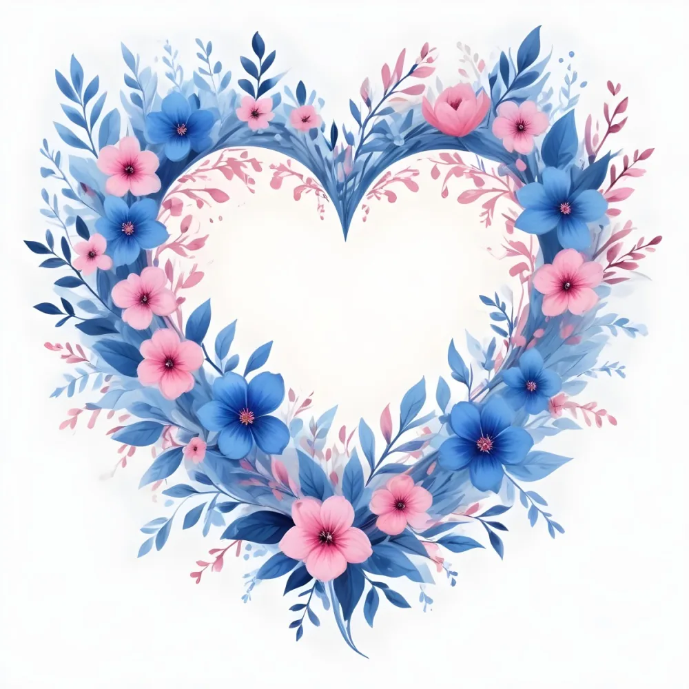 Heart Made Of Blue And Pink Flowers With Blue Leaves Floral Arrangement Heart Shaped Frame White Background Romantic Decorative Vibrant Colors Botanical Illustration Floral Design Elegant Cheerful Sprin 21 44da