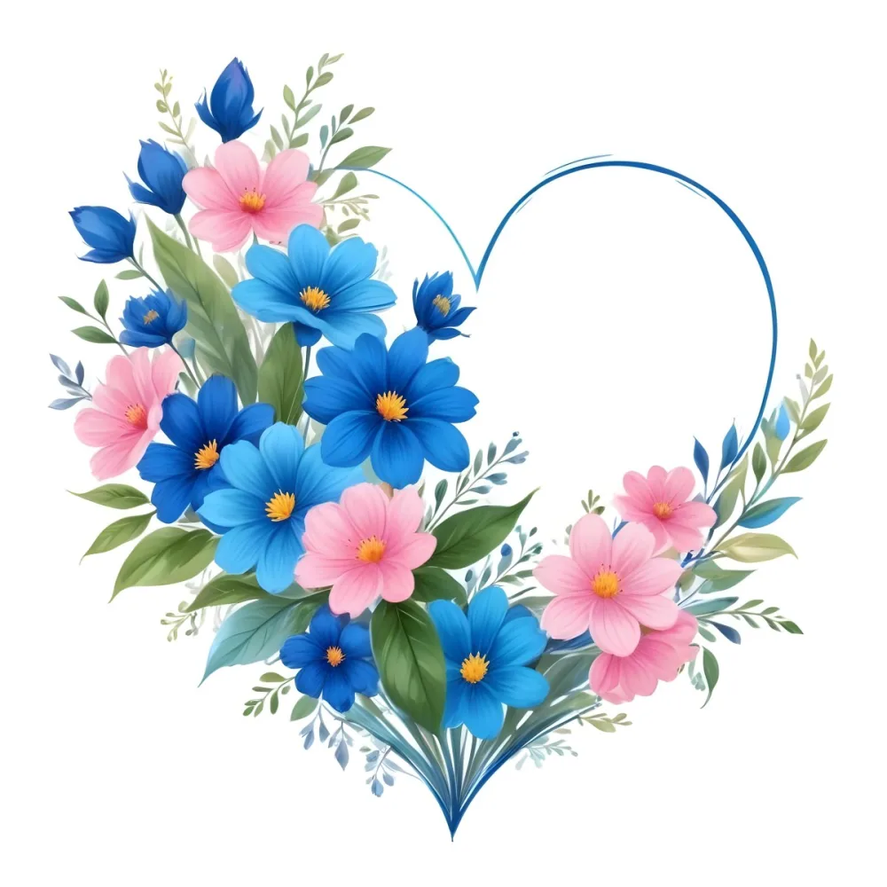 Heart Made Of Blue And Pink Flowers With Blue Leaves Floral Arrangement Heart Shaped Frame White Background Romantic Decorative Vibrant Colors Botanical Illustration Floral Design Elegant Cheerful Sprin 22 B51d