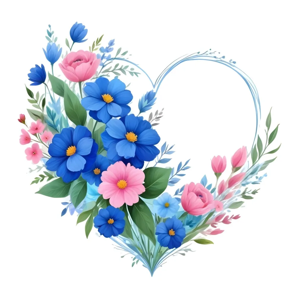 Heart Made Of Blue And Pink Flowers With Blue Leaves Floral Arrangement Heart Shaped Frame White Background Romantic Decorative Vibrant Colors Botanical Illustration Floral Design Elegant Cheerful Sprin 28 097f