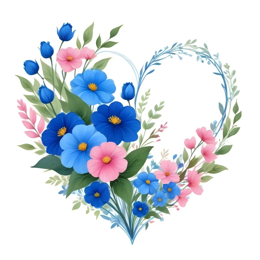 Heart Made Of Blue And Pink Flowers With Blue Leaves Floral Arrangement Heart Shaped Frame White Background Romantic Decorative Vibrant Colors Botanical Illustration Floral Design Elegant Cheerful Sprin 3 461a