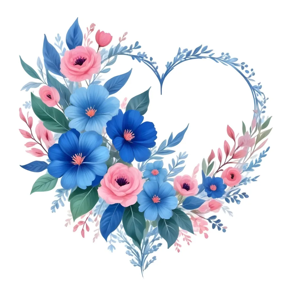 Heart Made Of Blue And Pink Flowers With Blue Leaves Floral Arrangement Heart Shaped Frame White Background Romantic Decorative Vibrant Colors Botanical Illustration Floral Design Elegant Cheerful Sprin 31 B946