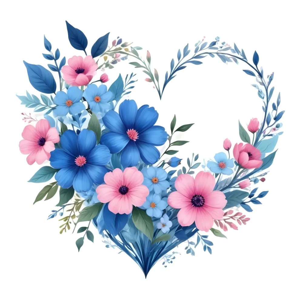 Heart Made Of Blue And Pink Flowers With Blue Leaves Floral Arrangement Heart Shaped Frame White Background Romantic Decorative Vibrant Colors Botanical Illustration Floral Design Elegant Cheerful Sprin 6 4651