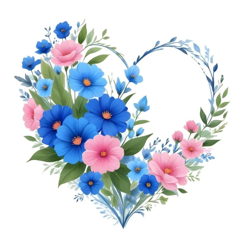 Heart Made Of Blue And Pink Flowers With Blue Leaves Floral Arrangement Heart Shaped Frame White Background Romantic Decorative Vibrant Colors Botanical Illustration Floral Design Elegant Cheerful Sprin 8 41ca