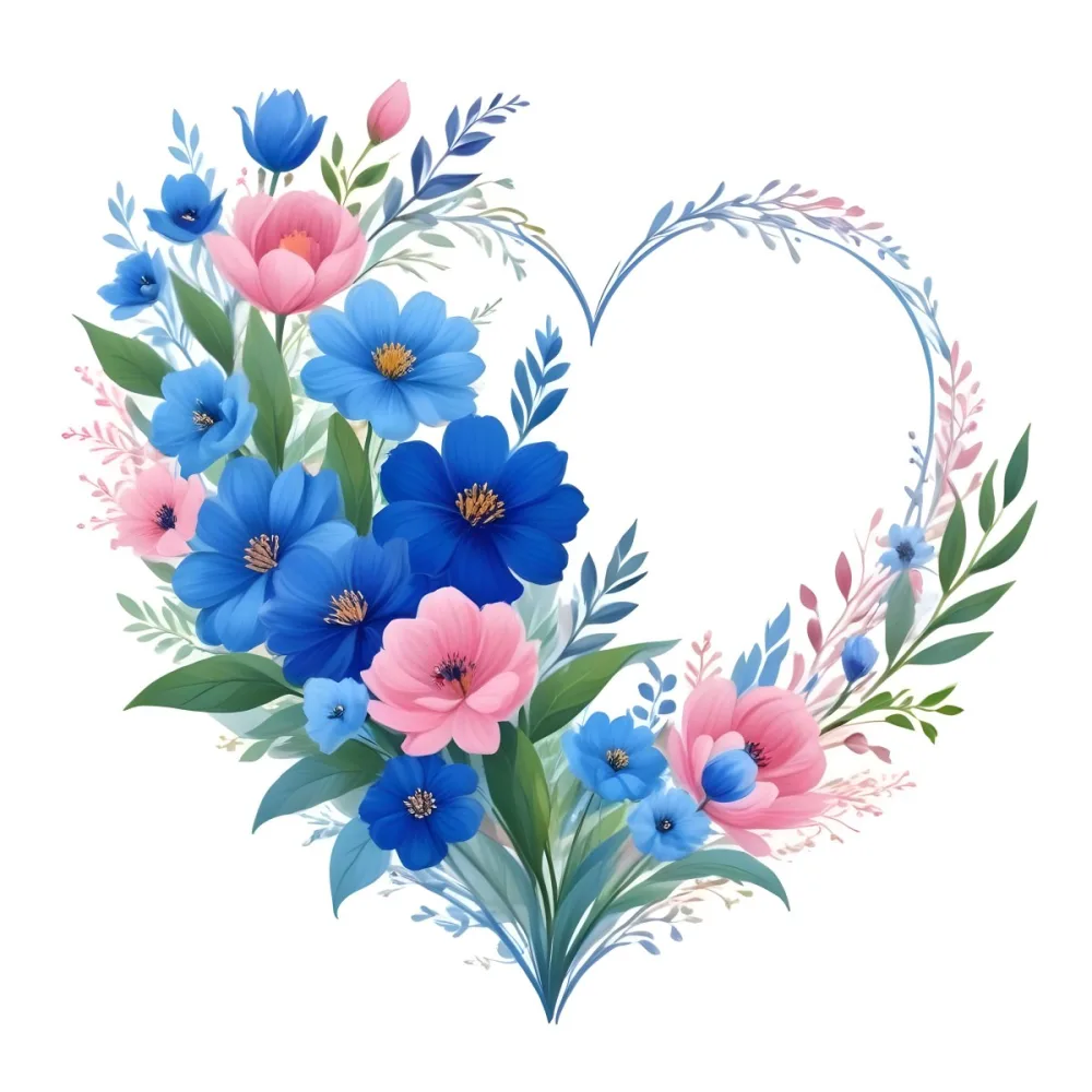 Heart Made Of Blue And Pink Flowers With Blue Leaves Floral Arrangement Heart Shaped Frame White Background Romantic Decorative Vibrant Colors Botanical Illustration Floral Design Elegant Cheerful Sprin 9 328f