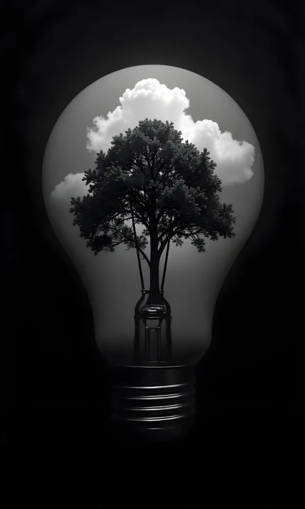 Light Bulb With A Tree Inside Dark And Cloudy Sky Black And White Tones On A Black Background Concept Of Nature And Energy 11 D694