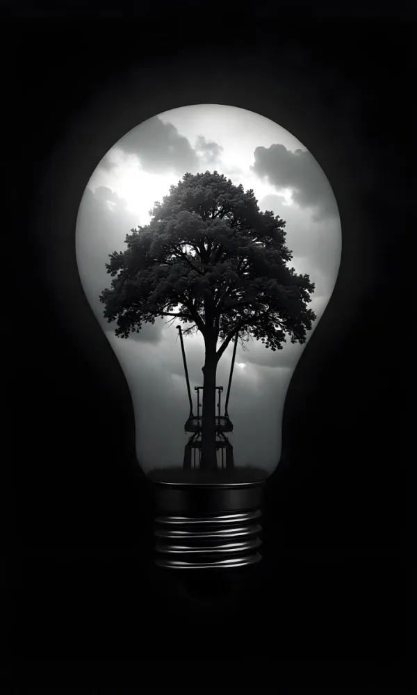 Light Bulb With A Tree Inside Dark And Cloudy Sky Black And White Tones On A Black Background Concept Of Nature And Energy 12 C402