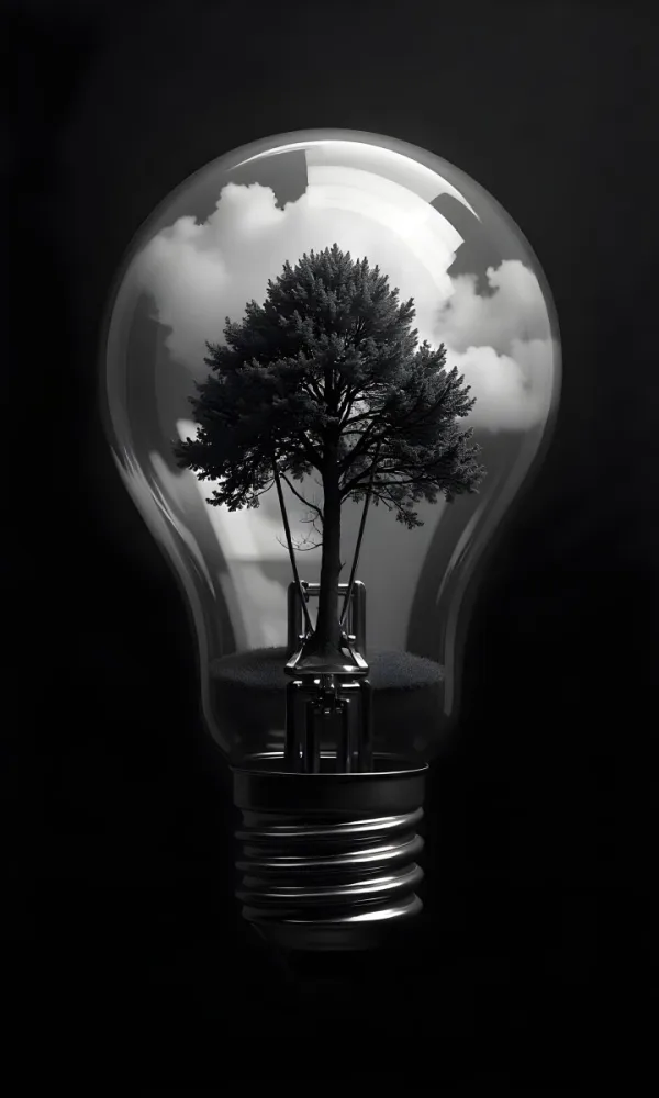 Light Bulb With A Tree Inside Dark And Cloudy Sky Black And White Tones On A Black Background Concept Of Nature And Energy 14 Bffa