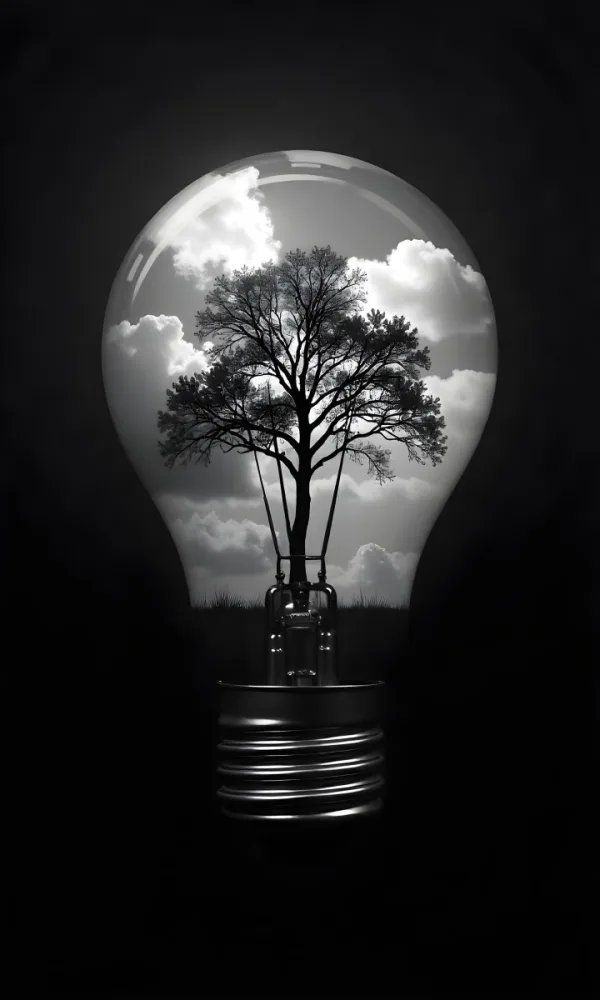 Light Bulb With A Tree Inside Dark And Cloudy Sky Black And White Tones On A Black Background Concept Of Nature And Energy 15 8522