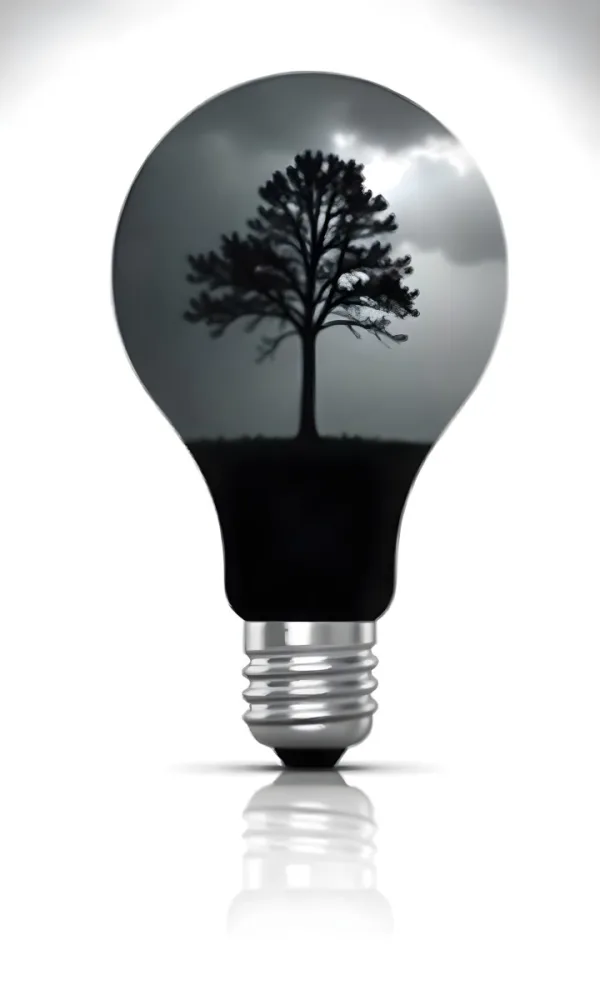 Light Bulb With A Tree Inside Dark And Cloudy Sky Black And White Tones On A Black Background Concept Of Nature And Energy 19 3748