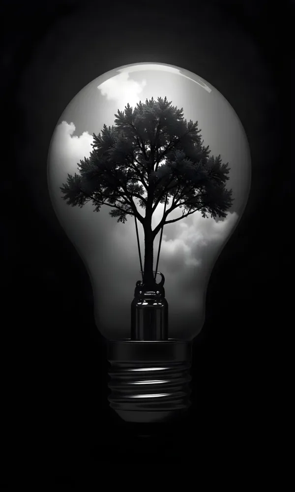 Light Bulb With A Tree Inside Dark And Cloudy Sky Black And White Tones On A Black Background Concept Of Nature And Energy 2 C4b0