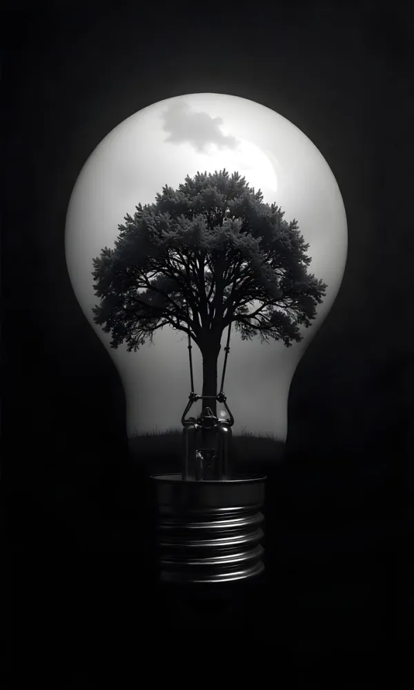 Light Bulb With A Tree Inside Dark And Cloudy Sky Black And White Tones On A Black Background Concept Of Nature And Energy 3 D87c