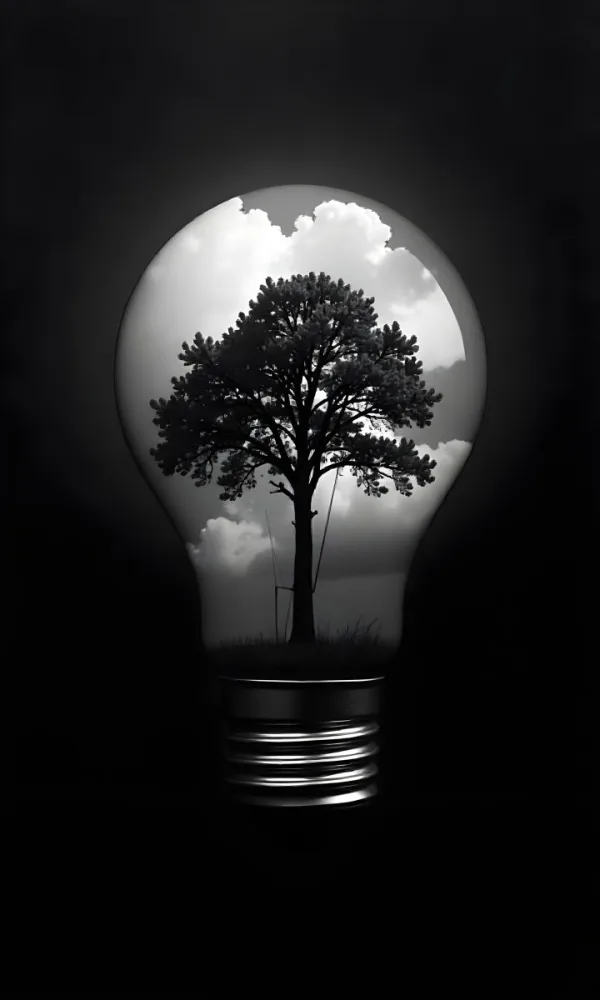 Light Bulb With A Tree Inside Dark And Cloudy Sky Black And White Tones On A Black Background Concept Of Nature And Energy 4 7cbb