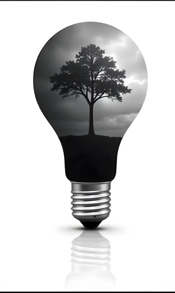 Light Bulb With A Tree Inside Dark And Cloudy Sky Black And White Tones On A Black Background Concept Of Nature And Energy 5 Af42