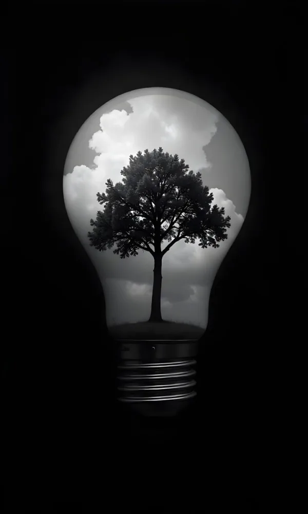 Light Bulb With A Tree Inside Dark And Cloudy Sky Black And White Tones On A Black Background Concept Of Nature And Energy 7 00cf