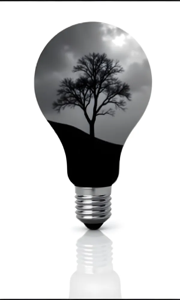 Light Bulb With A Tree Inside Dark And Cloudy Sky Black And White Tones On A Black Background Concept Of Nature And Energy 8 3482