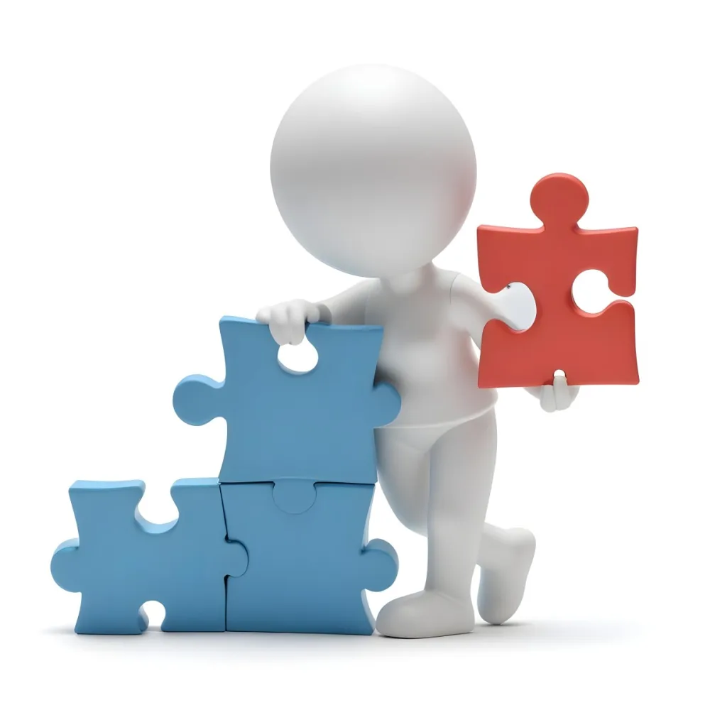 Minimal Soft Studio Light Photography A White 3d Figure Holding A Blue Puzzle Piece And Standing Next To Two Blue Puzzle Pieces Representing Problem Solving And Teamwork High Detail Solid Bold Color Backgroun 3 Aa39
