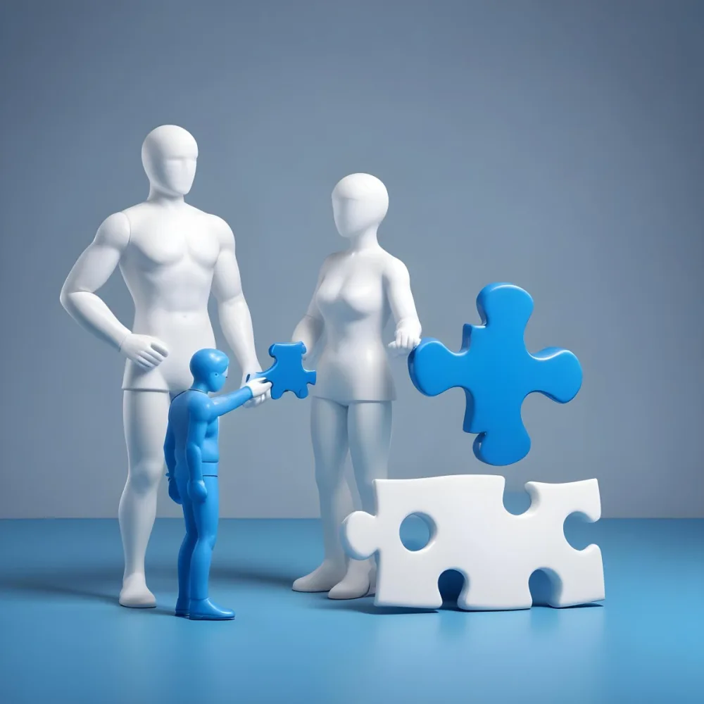Minimal Soft Studio Light Photography A White 3d Figure Holding A Blue Puzzle Piece And Standing Next To Two Blue Puzzle Pieces Representing Problem Solving And Teamwork High Detail Solid Bold Color Backgroun 4 A920