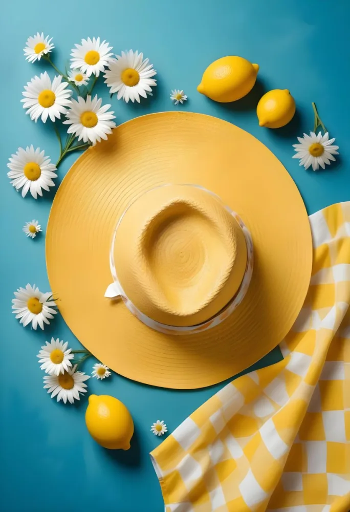 Minimal Soft Studio Light Photography A Yellow Straw Hat With A Bow Surrounded By White Daisies Lemons And A Yellow And White Checkered Cloth On A Teal Blue Background High Detail Solid Bold Color Background 13 Ac82