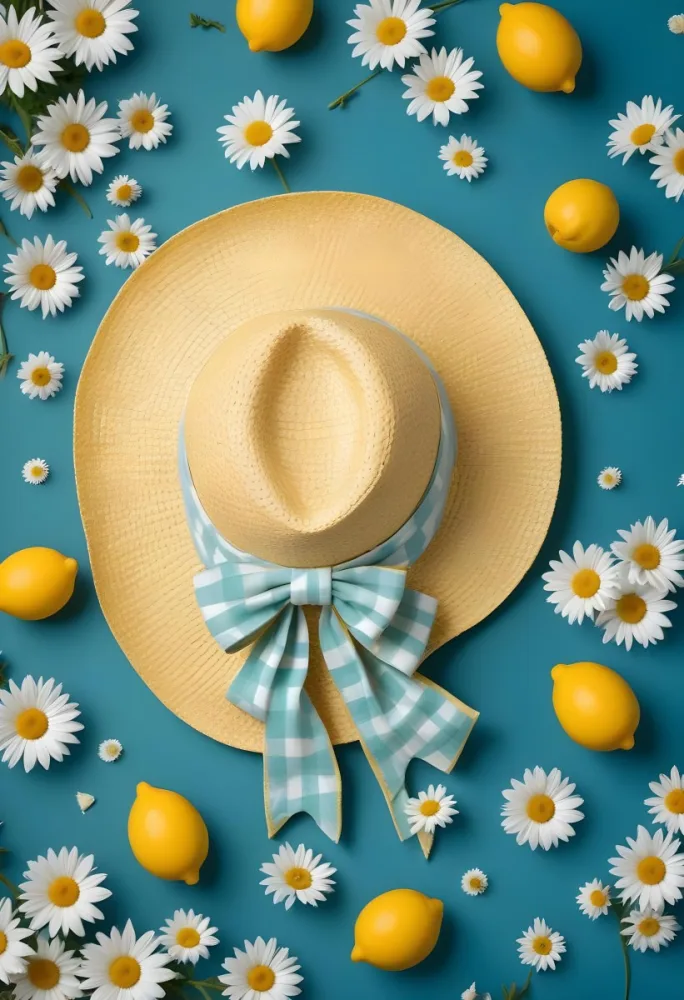 Minimal Soft Studio Light Photography A Yellow Straw Hat With A Bow Surrounded By White Daisies Lemons And A Yellow And White Checkered Cloth On A Teal Blue Background High Detail Solid Bold Color Background 15 Fbb5