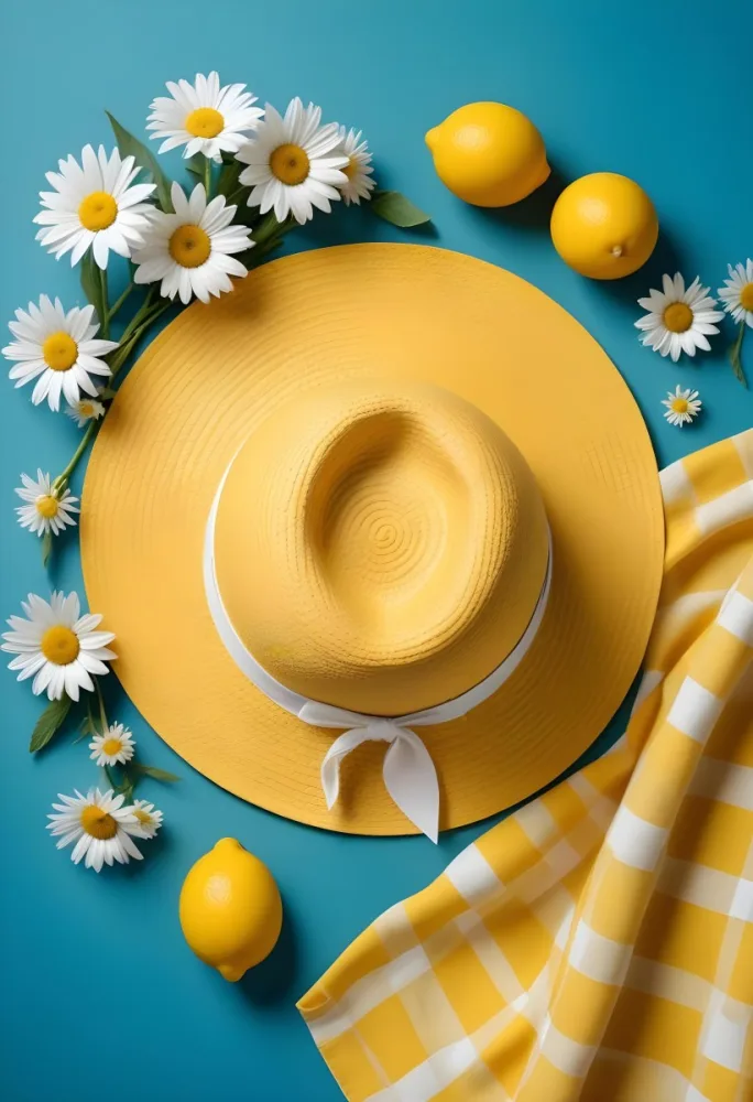 Minimal Soft Studio Light Photography A Yellow Straw Hat With A Bow Surrounded By White Daisies Lemons And A Yellow And White Checkered Cloth On A Teal Blue Background High Detail Solid Bold Color Background 16 6808