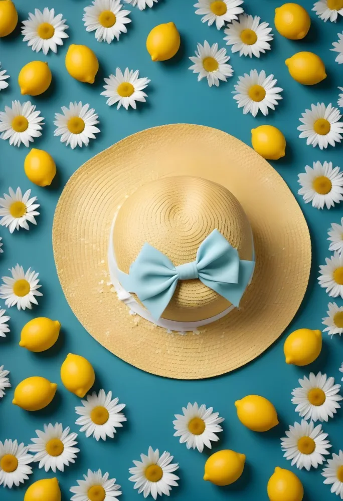 Minimal Soft Studio Light Photography A Yellow Straw Hat With A Bow Surrounded By White Daisies Lemons And A Yellow And White Checkered Cloth On A Teal Blue Background High Detail Solid Bold Color Background 19 974d