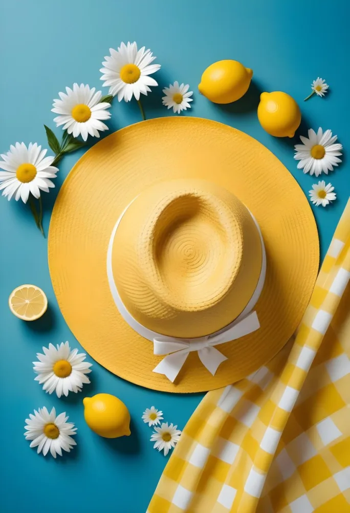 Minimal Soft Studio Light Photography A Yellow Straw Hat With A Bow Surrounded By White Daisies Lemons And A Yellow And White Checkered Cloth On A Teal Blue Background High Detail Solid Bold Color Background 2 E74a