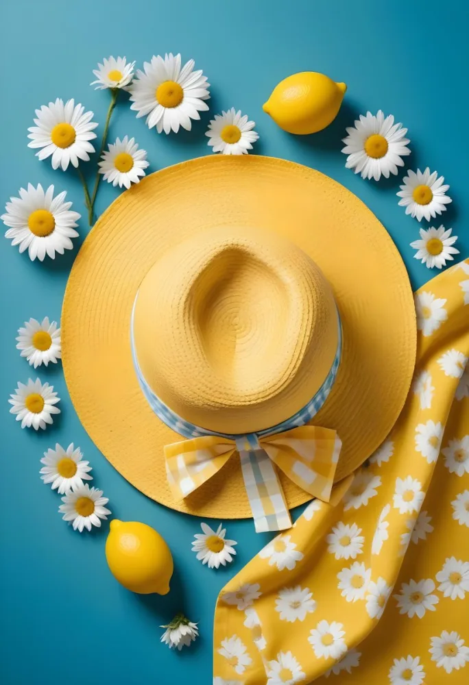 Minimal Soft Studio Light Photography A Yellow Straw Hat With A Bow Surrounded By White Daisies Lemons And A Yellow And White Checkered Cloth On A Teal Blue Background High Detail Solid Bold Color Background 20 Ab37
