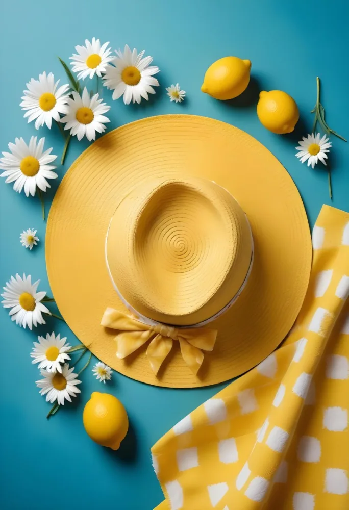 Minimal Soft Studio Light Photography A Yellow Straw Hat With A Bow Surrounded By White Daisies Lemons And A Yellow And White Checkered Cloth On A Teal Blue Background High Detail Solid Bold Color Background 23 Ec2e