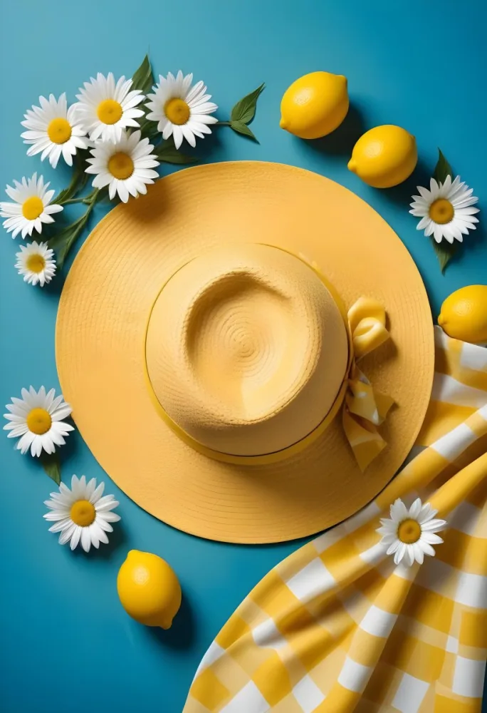 Minimal Soft Studio Light Photography A Yellow Straw Hat With A Bow Surrounded By White Daisies Lemons And A Yellow And White Checkered Cloth On A Teal Blue Background High Detail Solid Bold Color Background 24 43cd