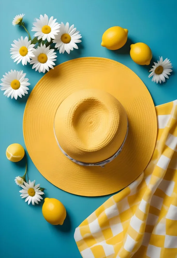 Minimal Soft Studio Light Photography A Yellow Straw Hat With A Bow Surrounded By White Daisies Lemons And A Yellow And White Checkered Cloth On A Teal Blue Background High Detail Solid Bold Color Background 26 C1c9