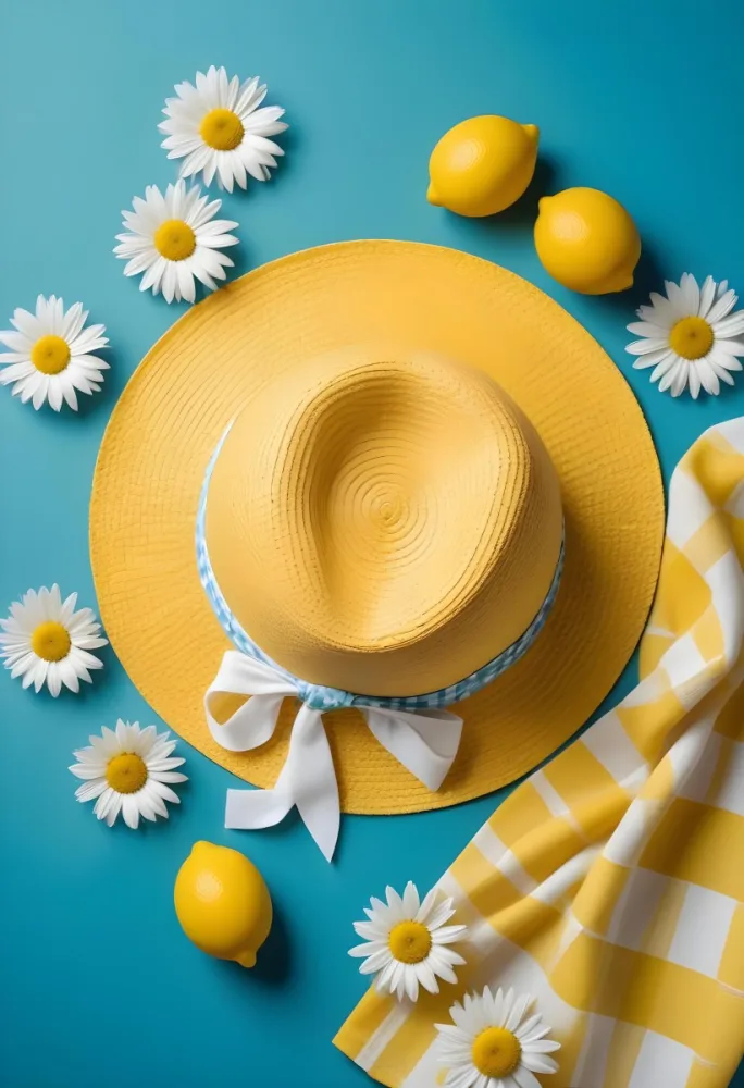 Minimal Soft Studio Light Photography A Yellow Straw Hat With A Bow Surrounded By White Daisies Lemons And A Yellow And White Checkered Cloth On A Teal Blue Background High Detail Solid Bold Color Background 27 3828