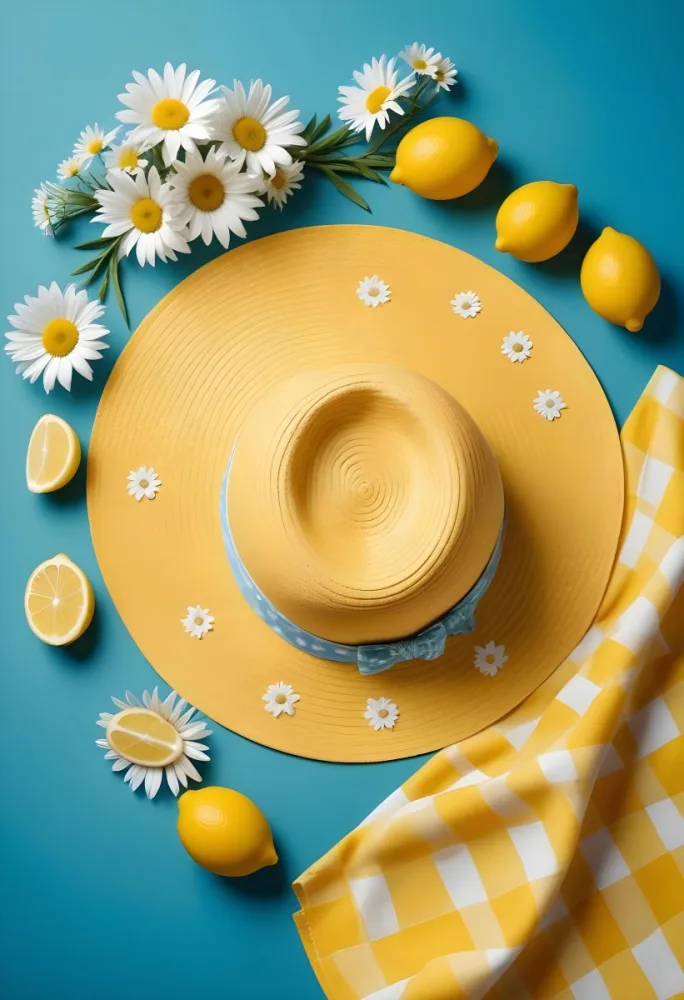 Minimal Soft Studio Light Photography A Yellow Straw Hat With A Bow Surrounded By White Daisies Lemons And A Yellow And White Checkered Cloth On A Teal Blue Background High Detail Solid Bold Color Background 29 7713