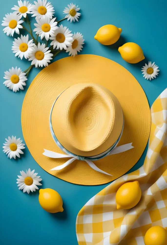 Minimal Soft Studio Light Photography A Yellow Straw Hat With A Bow Surrounded By White Daisies Lemons And A Yellow And White Checkered Cloth On A Teal Blue Background High Detail Solid Bold Color Background 4 F513