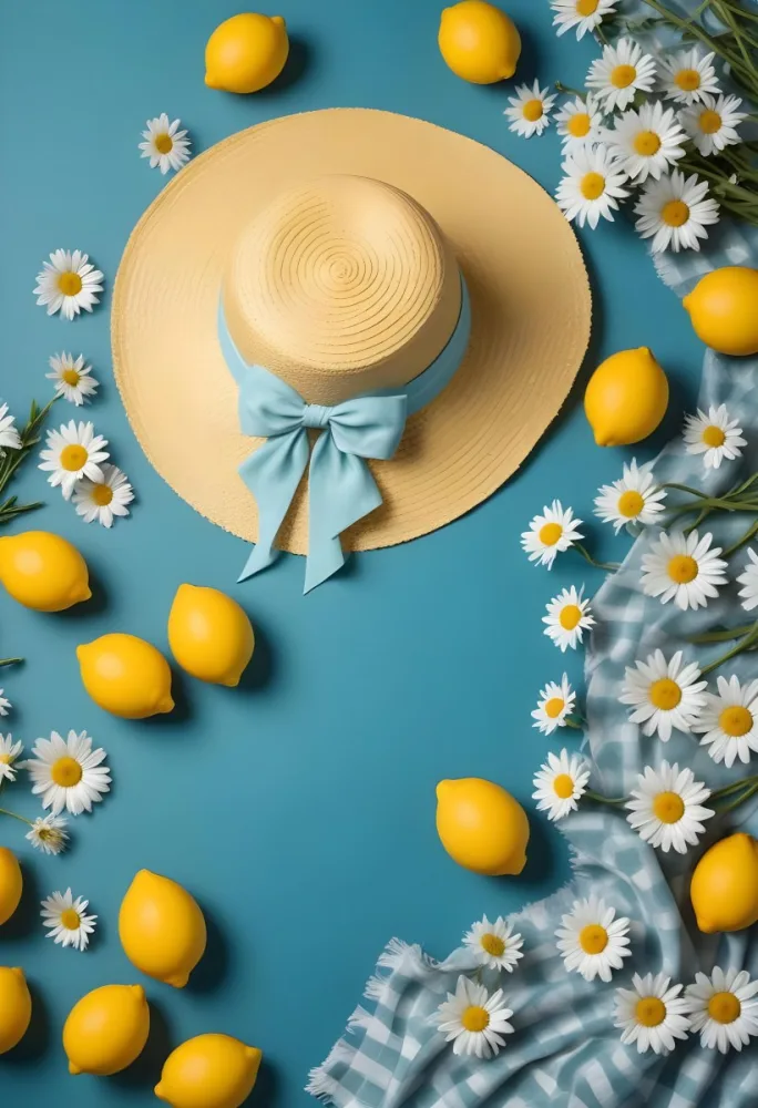 Minimal Soft Studio Light Photography A Yellow Straw Hat With A Bow Surrounded By White Daisies Lemons And A Yellow And White Checkered Cloth On A Teal Blue Background High Detail Solid Bold Color Background 5 Eedd