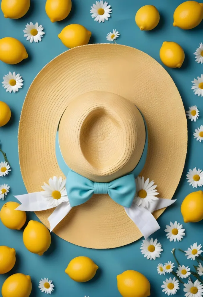 Minimal Soft Studio Light Photography A Yellow Straw Hat With A Bow Surrounded By White Daisies Lemons And A Yellow And White Checkered Cloth On A Teal Blue Background High Detail Solid Bold Color Background 6 B404