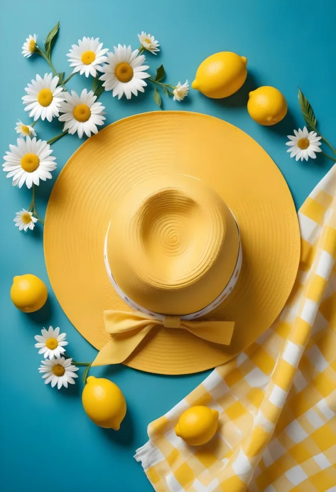 Minimal Soft Studio Light Photography A Yellow Straw Hat With A Bow Surrounded By White Daisies Lemons And A Yellow And White Checkered Cloth On A Teal Blue Background High Detail Solid Bold Color Background 7 226c