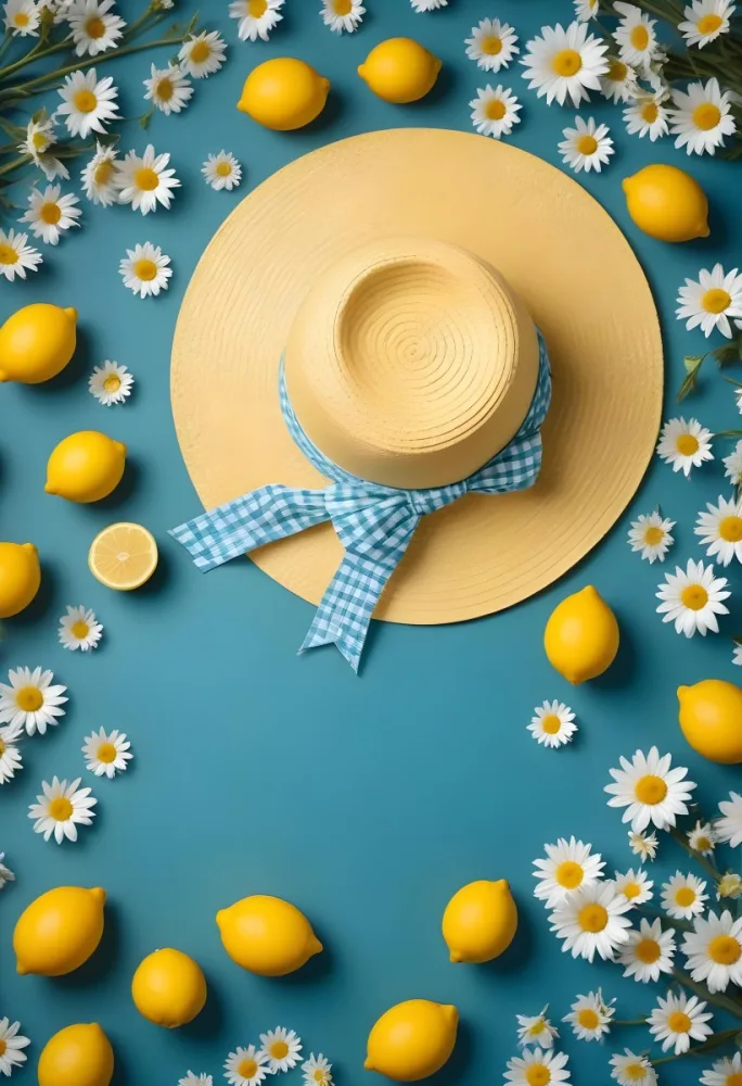 Minimal Soft Studio Light Photography A Yellow Straw Hat With A Bow Surrounded By White Daisies Lemons And A Yellow And White Checkered Cloth On A Teal Blue Background High Detail Solid Bold Color Background 8 C40d