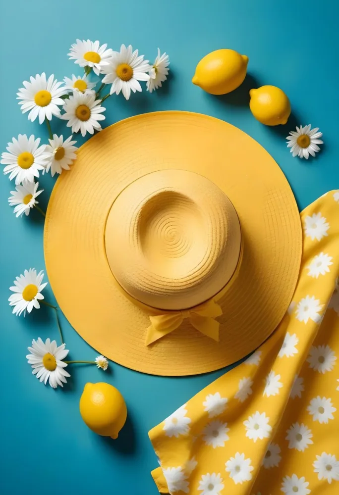 Minimal Soft Studio Light Photography A Yellow Straw Hat With A Bow Surrounded By White Daisies Lemons And A Yellow And White Checkered Cloth On A Teal Blue Background High Detail Solid Bold Color Background 9 E1b2