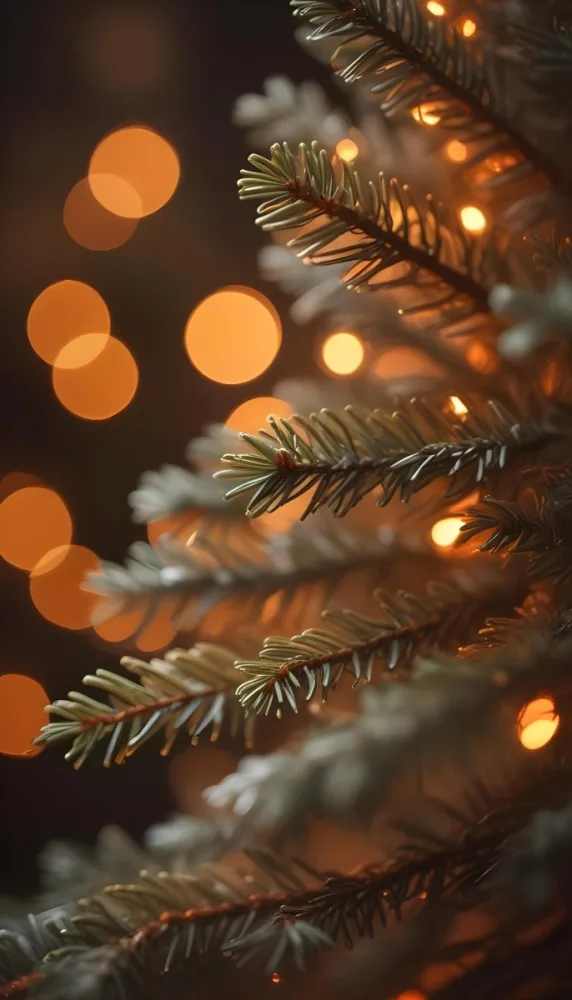 Minimal Soft Studio Light Photography Close Up Of Evergreen Tree Branches With Soft Warm Orange Bokeh Lights In The Background Creating A Cozy Atmosphere High Detail Solid Bold Color Background 12 Ab1a
