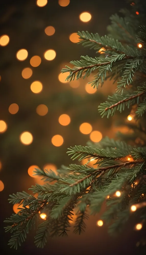 Minimal Soft Studio Light Photography Close Up Of Evergreen Tree Branches With Soft Warm Orange Bokeh Lights In The Background Creating A Cozy Atmosphere High Detail Solid Bold Color Background 2 Fd37