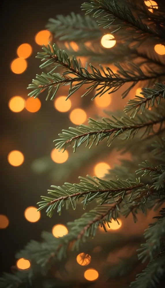 Minimal Soft Studio Light Photography Close Up Of Evergreen Tree Branches With Soft Warm Orange Bokeh Lights In The Background Creating A Cozy Atmosphere High Detail Solid Bold Color Background 3 Da0e