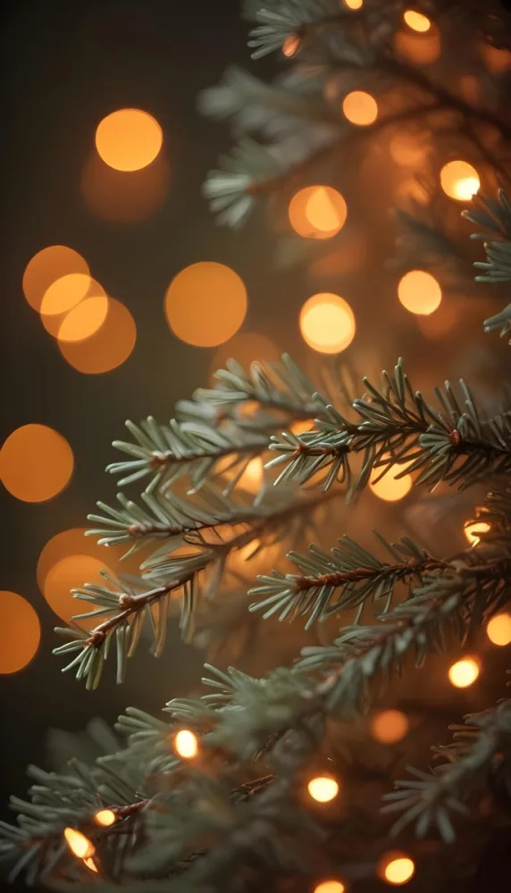 Minimal Soft Studio Light Photography Close Up Of Evergreen Tree Branches With Soft Warm Orange Bokeh Lights In The Background Creating A Cozy Atmosphere High Detail Solid Bold Color Background 4 0d27