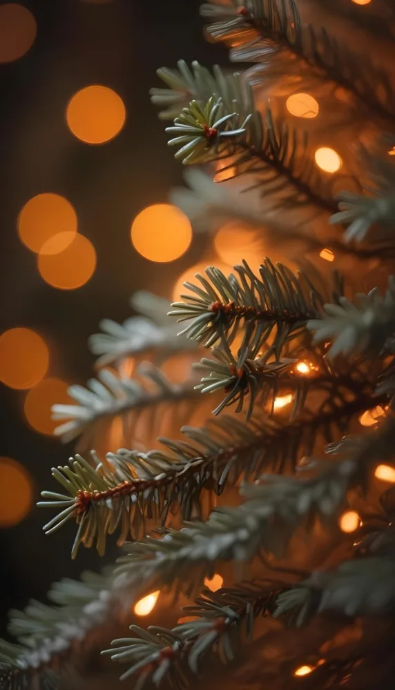 Minimal Soft Studio Light Photography Close Up Of Evergreen Tree Branches With Soft Warm Orange Bokeh Lights In The Background Creating A Cozy Atmosphere High Detail Solid Bold Color Background 5 5cd1
